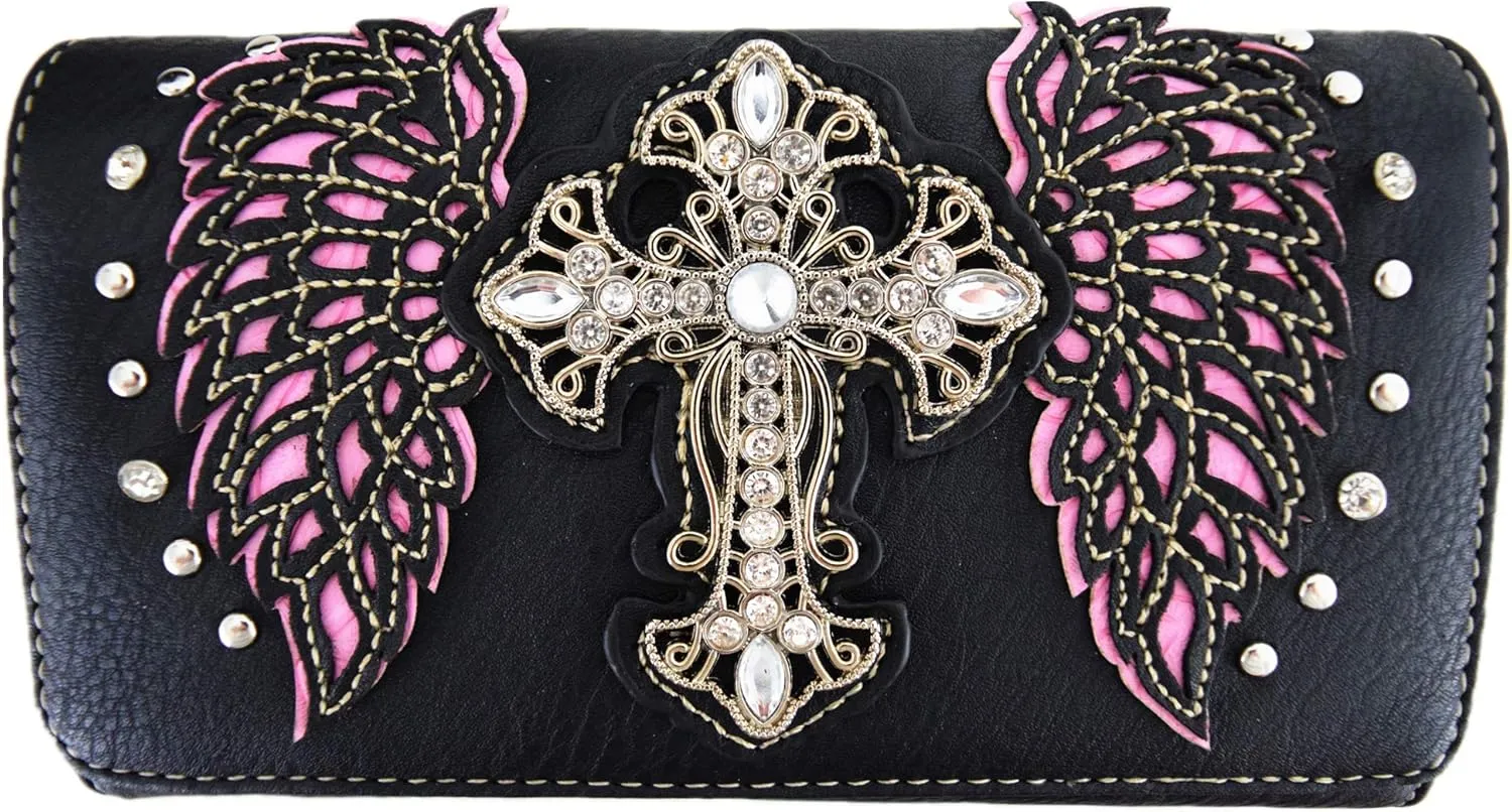 Western Style Rhinestone Cross Studded Laser Cut Wings Tooled Leather Purse Women Handbags Country Shoulder Bag Wallet Set