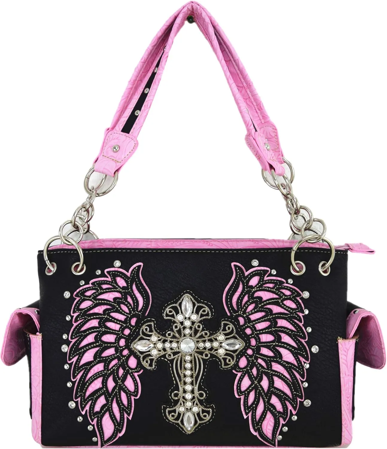 Western Style Rhinestone Cross Studded Laser Cut Wings Tooled Leather Purse Women Handbags Country Shoulder Bag Wallet Set