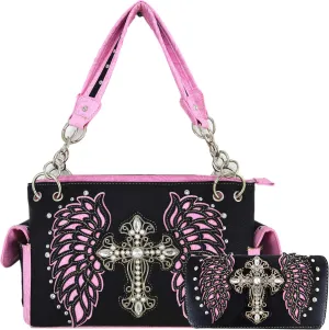 Western Style Rhinestone Cross Studded Laser Cut Wings Tooled Leather Purse Women Handbags Country Shoulder Bag Wallet Set