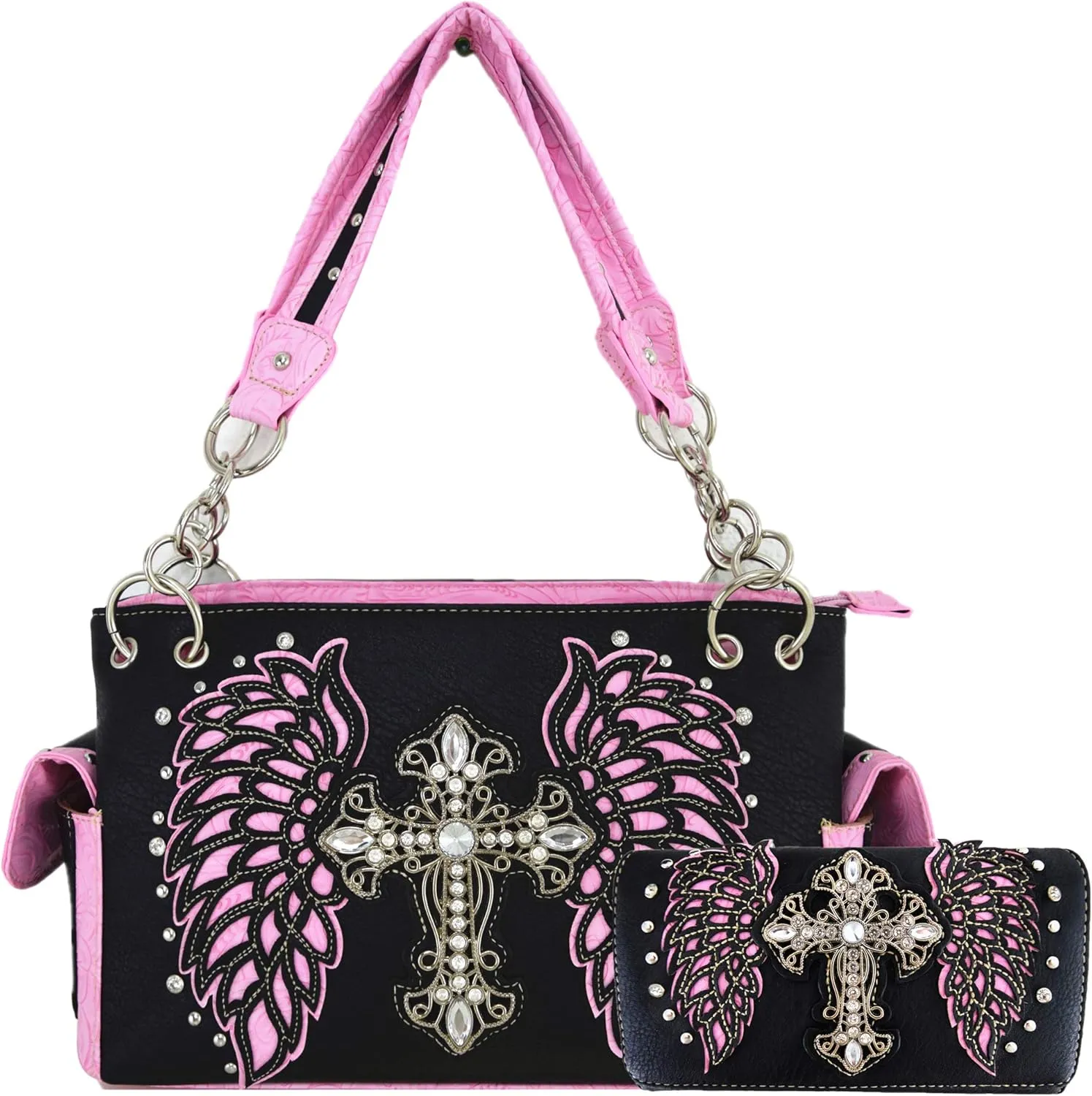 Western Style Rhinestone Cross Studded Laser Cut Wings Tooled Leather Purse Women Handbags Country Shoulder Bag Wallet Set