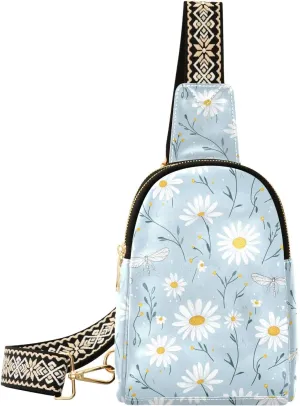 White Daisy Floral Mini Crossbody Bag with Full-Print PU Leather Fashion Waist Pack with Adjustable Strap & Card Holder Great for Hiking Fishing Beach Travel & More