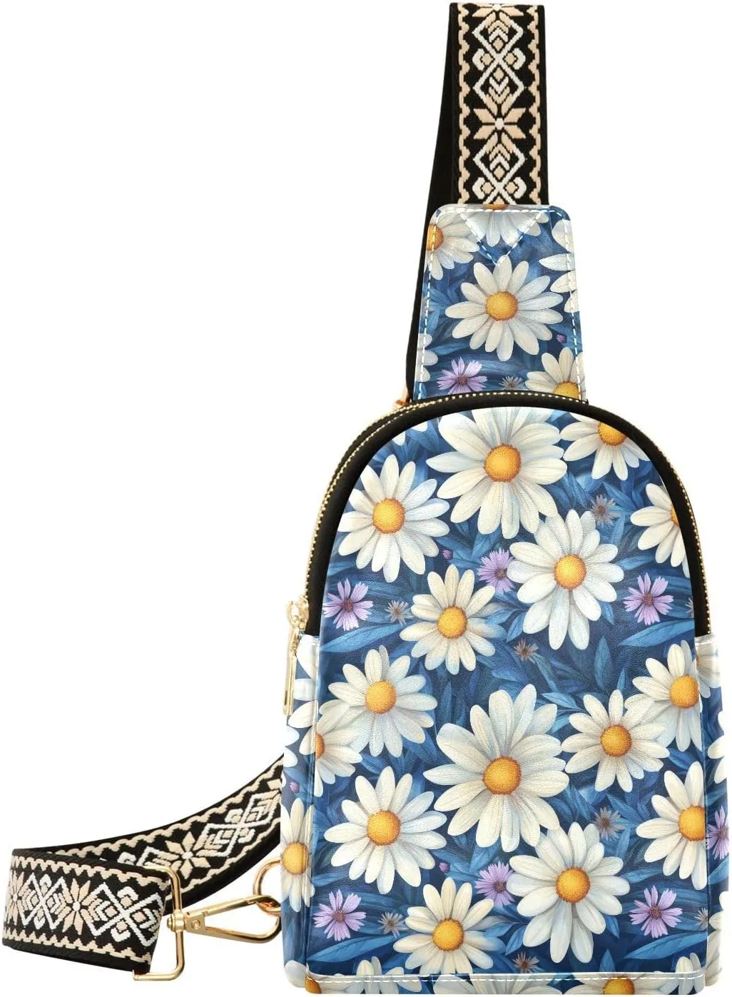 White Daisy Flower Compact Fashion Daypack Full-Print PU Leather Crossbody Bag with Card Pocket & Adjustable Strap for Women on the Go Festivals Travel & Hikes
