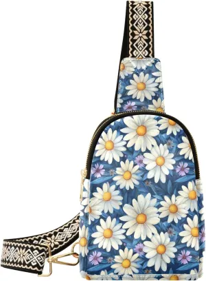 White Daisy Flower Compact Fashion Daypack Full-Print PU Leather Crossbody Bag with Card Pocket & Adjustable Strap for Women on the Go Festivals Travel & Hikes