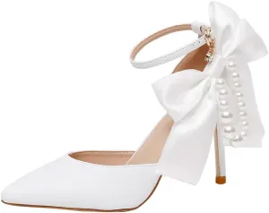 White Ribbon Bow Embellished Wedding Shoes Dress Ladies Leather high Heels Pearl Fringed Women's Sandals Medium Heel Low Heels