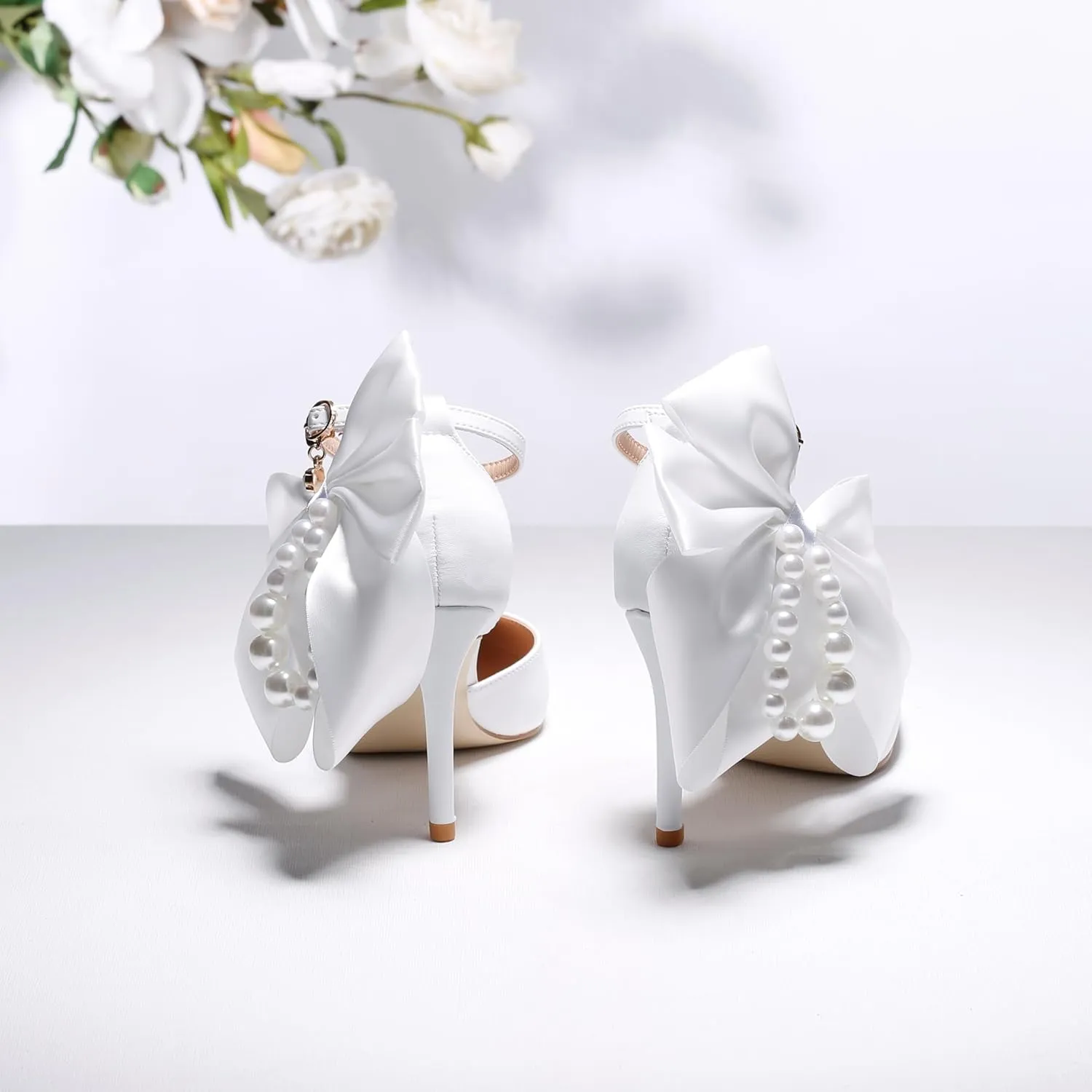 White Ribbon Bow Embellished Wedding Shoes Dress Ladies Leather high Heels Pearl Fringed Women's Sandals Medium Heel Low Heels