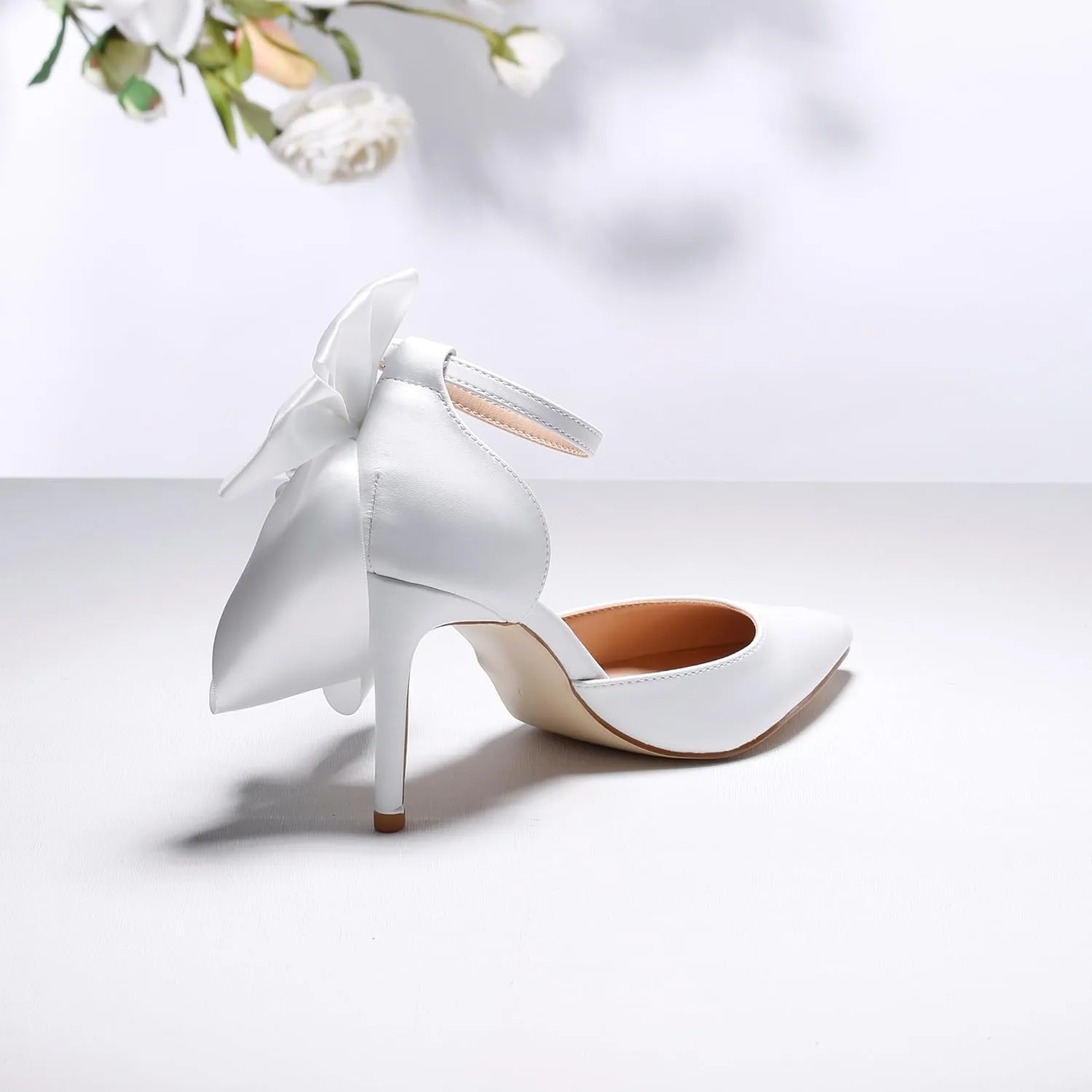 White Ribbon Bow Embellished Wedding Shoes Dress Ladies Leather high Heels Pearl Fringed Women's Sandals Medium Heel Low Heels