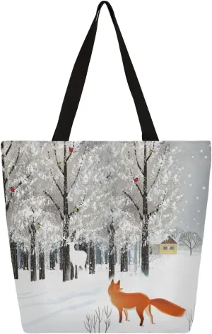 Winter Snow Fox Moose Large Capacity Canvas Tote Bag Stylish Handheld Shoulder Bag Reusable Shopping Bag for Work Travel Beach Trips Shopping