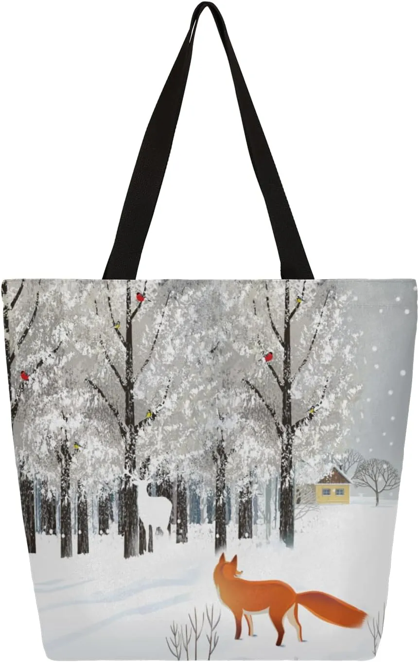 Winter Snow Fox Moose Large Capacity Canvas Tote Bag Stylish Handheld Shoulder Bag Reusable Shopping Bag for Work Travel Beach Trips Shopping