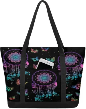 Wishing Butterfly Design Tote Bag for Women Work Canvas Travel Tote Bags with Zipper Large Capacity Casual Handbag with Inner Pockets Reusable Shopping Shoulder Bag for Teacher Nurse