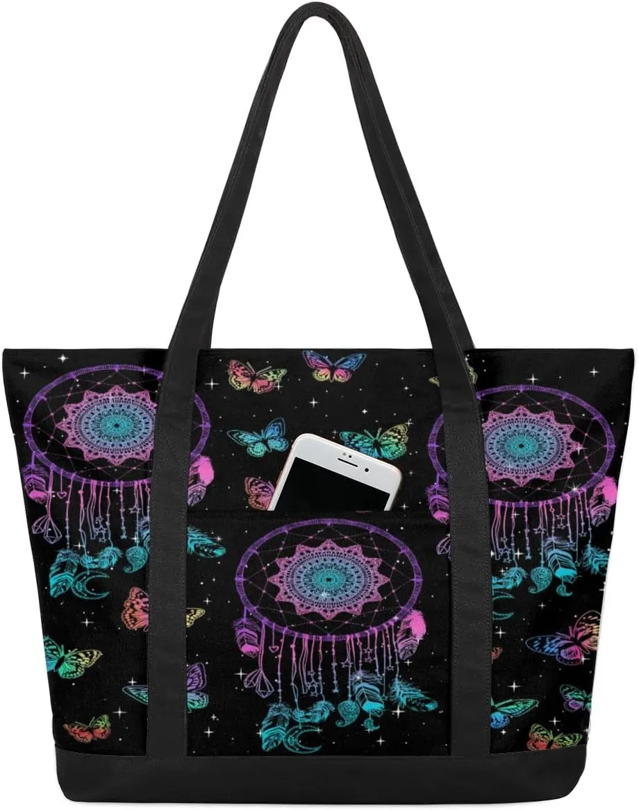Wishing Butterfly Design Tote Bag for Women Work Canvas Travel Tote Bags with Zipper Large Capacity Casual Handbag with Inner Pockets Reusable Shopping Shoulder Bag for Teacher Nurse