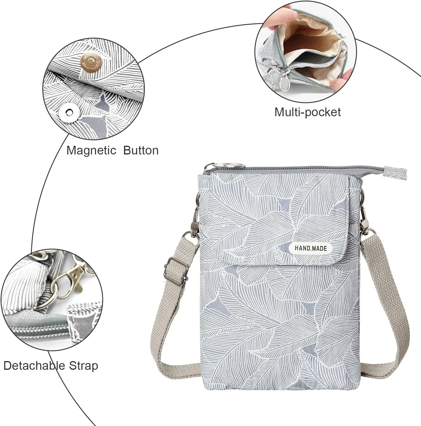 WITERY Leaf Pattern Canvas Cell Phone Purse Wallet Lightweight Small Crossbody Purse Bags for Women Girls