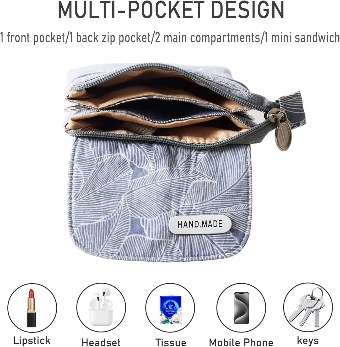 WITERY Leaf Pattern Canvas Cell Phone Purse Wallet Lightweight Small Crossbody Purse Bags for Women Girls
