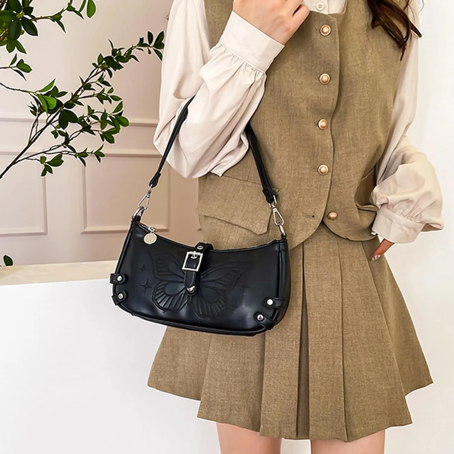 Women Aesthetic Embroidery Butterfly PU Leather Shoulder Handbag with Chain Strap Underarm Bag Crossbody Purse