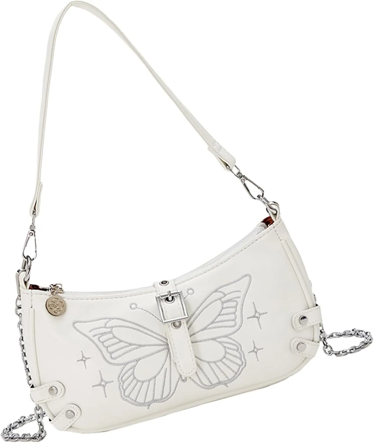 Women Aesthetic Embroidery Butterfly PU Leather Shoulder Handbag with Chain Strap Underarm Bag Crossbody Purse