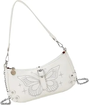 Women Aesthetic Embroidery Butterfly PU Leather Shoulder Handbag with Chain Strap Underarm Bag Crossbody Purse