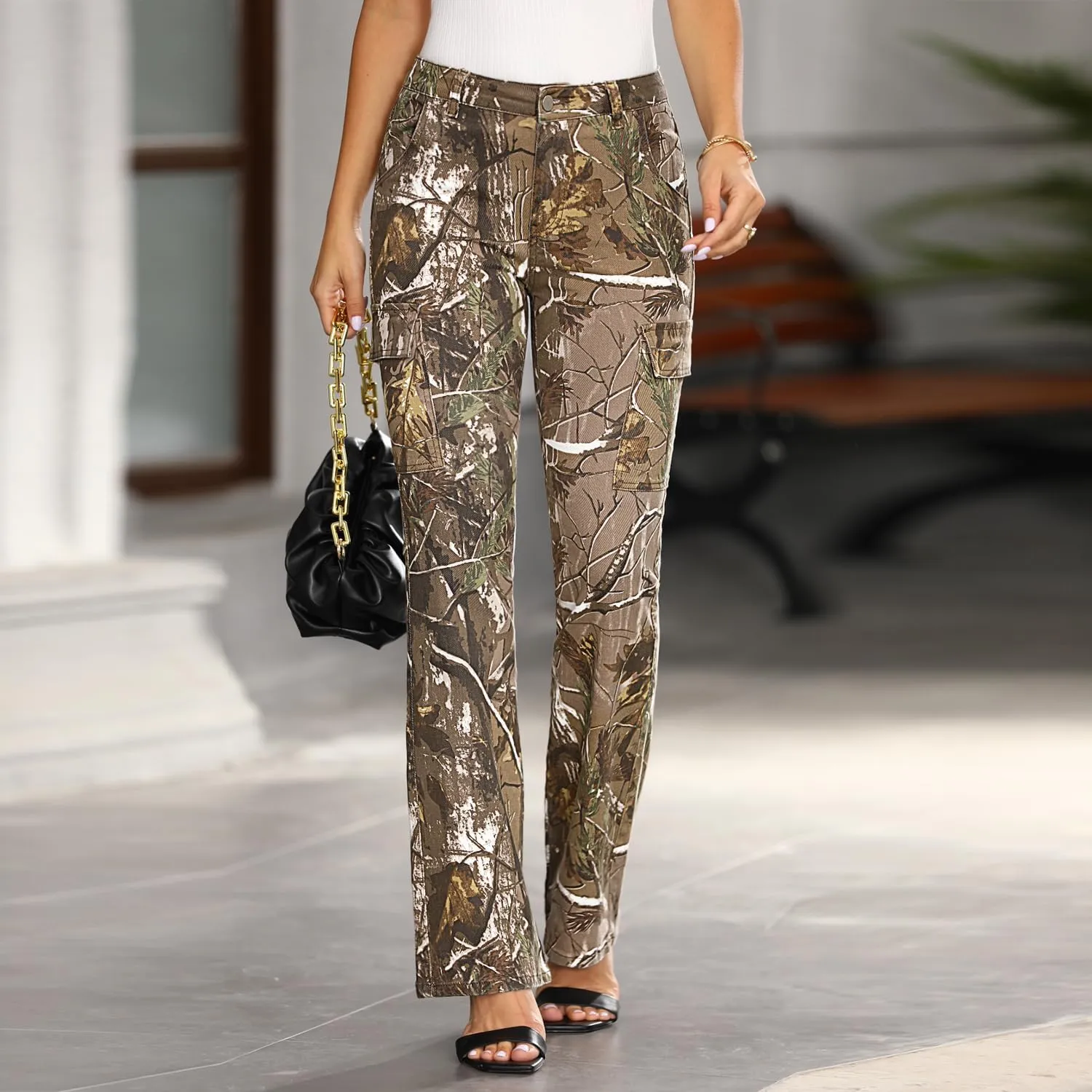 Women Camo Print Bootcut Jeans Mid Waisted Camouflage Cargo Slim Stretch Flare Denim Pant with Flap Pockets
