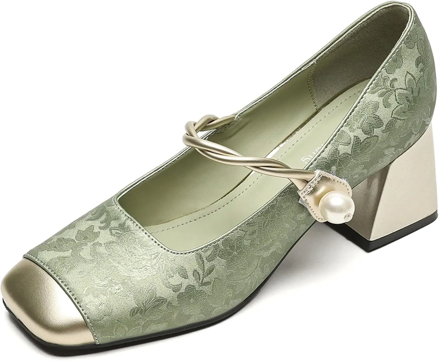 Women Chunky Heel Ankle Strap Dress Shoes for Low Heels Close Square Toe Pumps Single Brocade Fabric Block 6 cm Green Slip-On Office Wedding Party