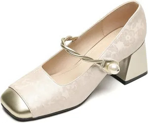 Women Chunky Heel Ankle Strap Dress Shoes for Low Heels Close Square Toe Pumps Single Brocade Fabric Block 6 cm Green Slip-On Office Wedding Party