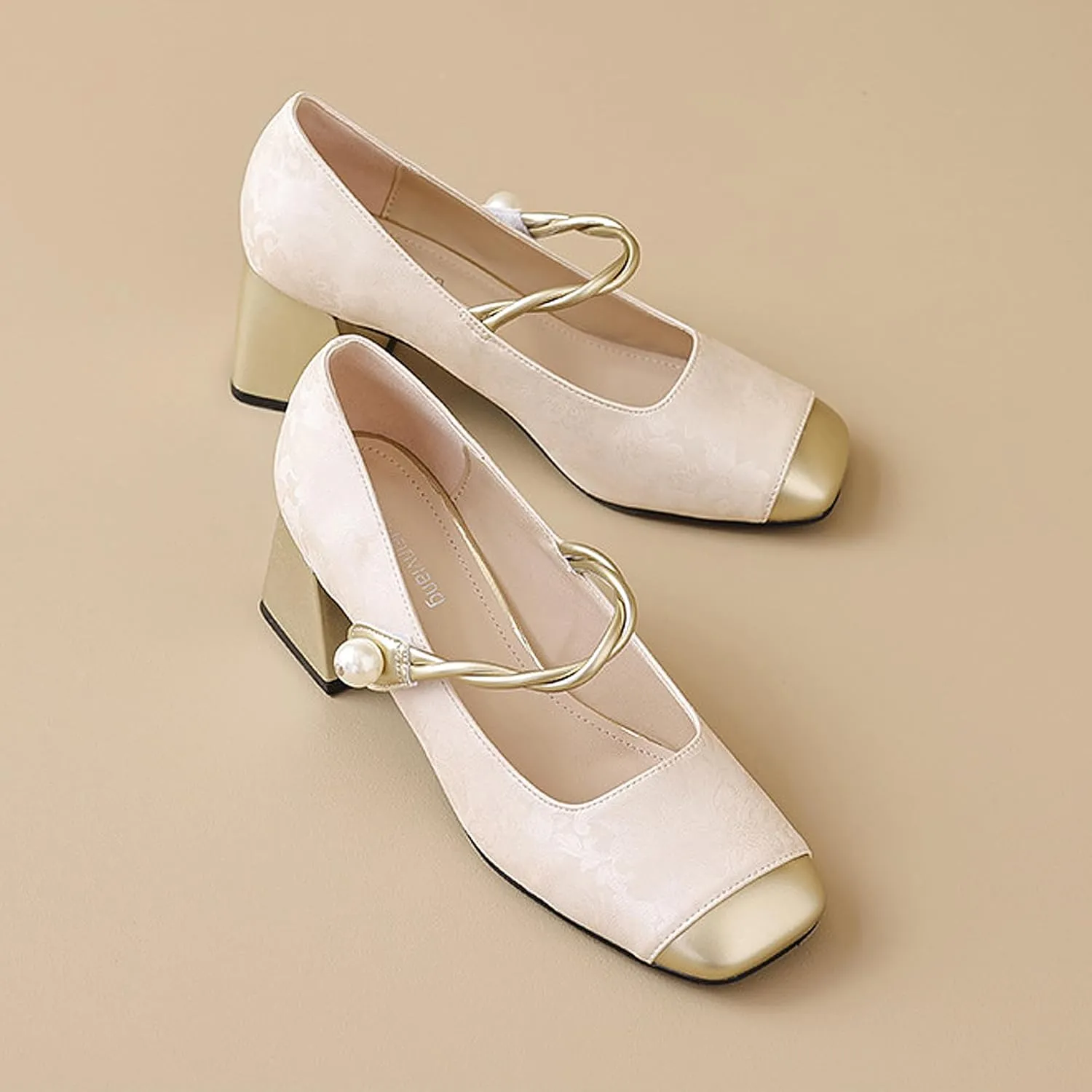 Women Chunky Heel Ankle Strap Dress Shoes for Low Heels Close Square Toe Pumps Single Brocade Fabric Block 6 cm Green Slip-On Office Wedding Party