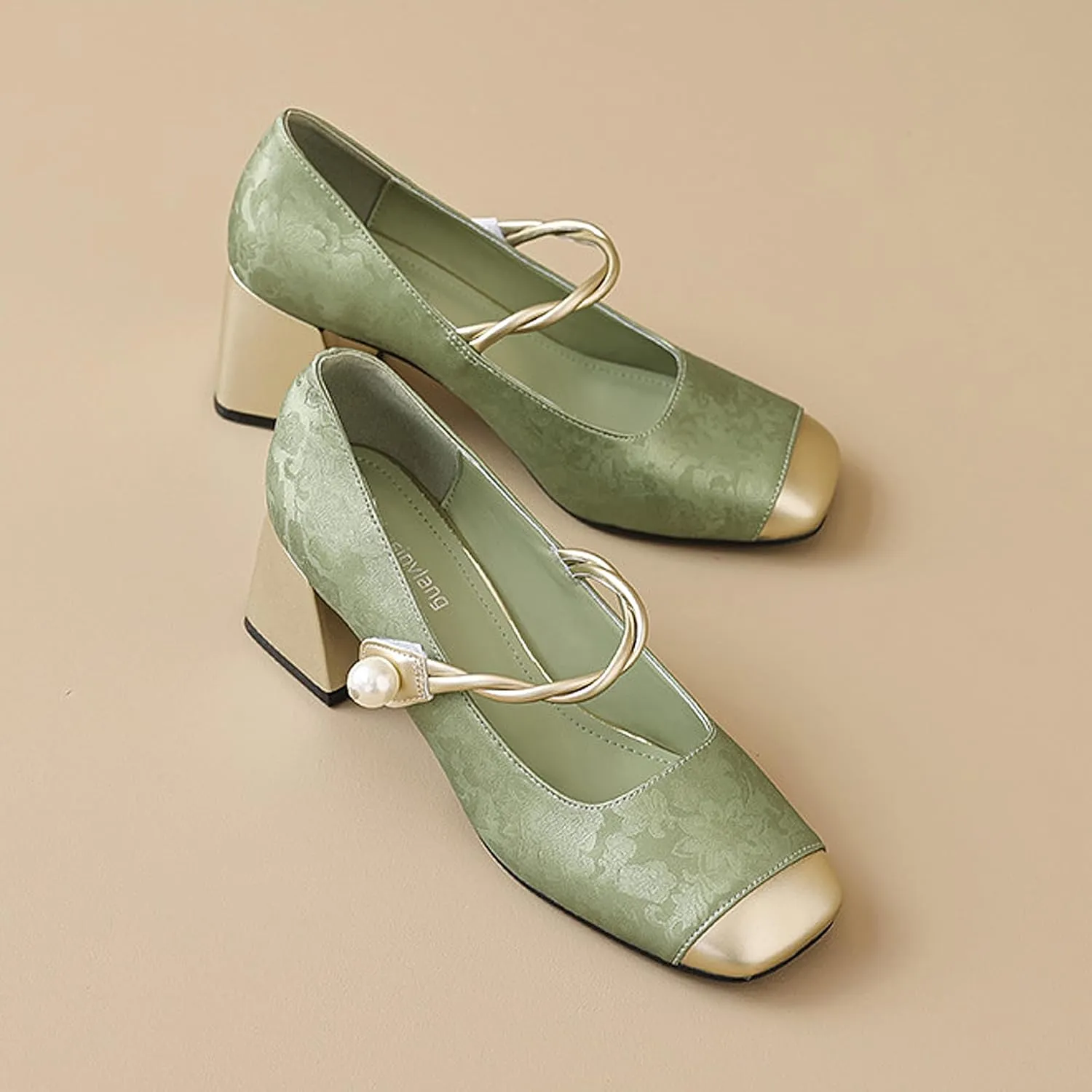 Women Chunky Heel Ankle Strap Dress Shoes for Low Heels Close Square Toe Pumps Single Brocade Fabric Block 6 cm Green Slip-On Office Wedding Party