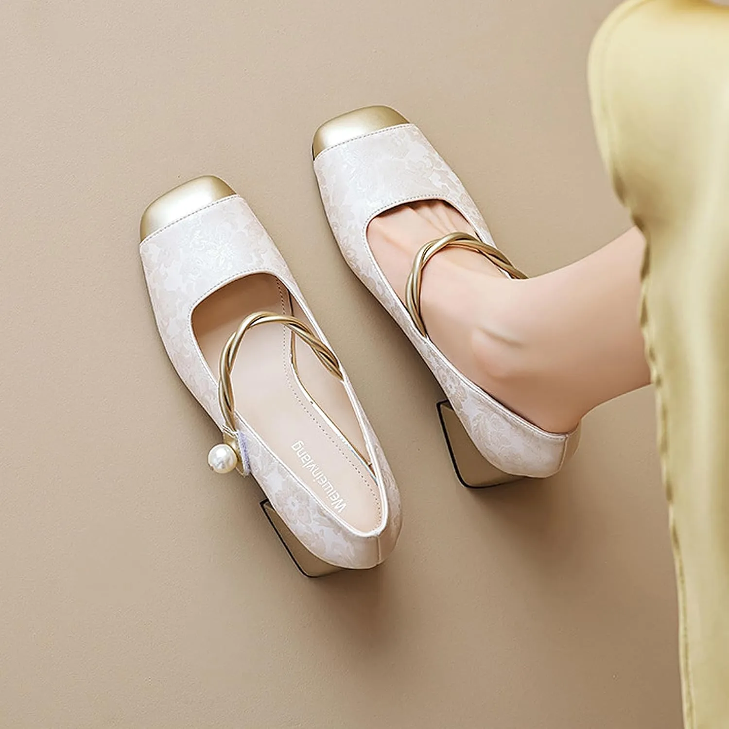 Women Chunky Heel Ankle Strap Dress Shoes for Low Heels Close Square Toe Pumps Single Brocade Fabric Block 6 cm Green Slip-On Office Wedding Party