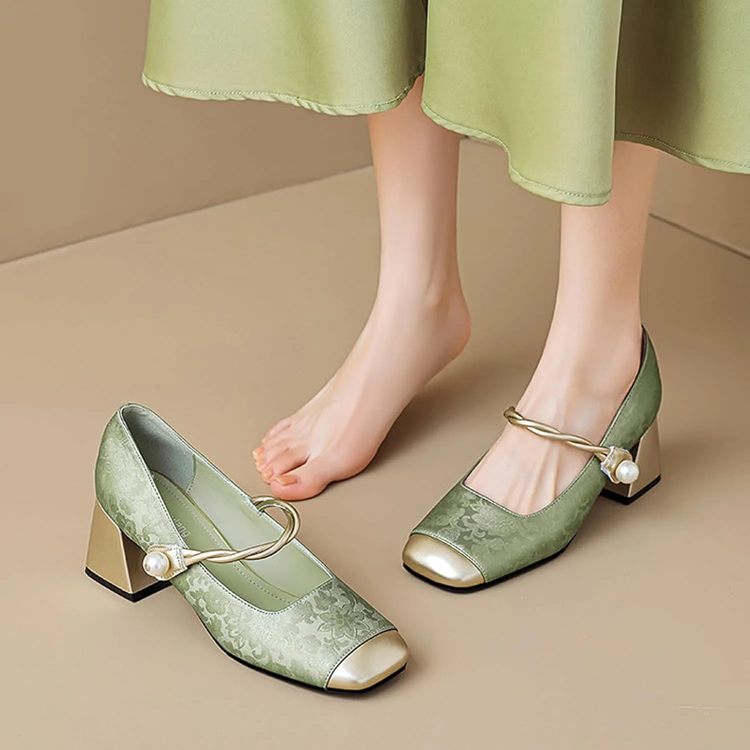Women Chunky Heel Ankle Strap Dress Shoes for Low Heels Close Square Toe Pumps Single Brocade Fabric Block 6 cm Green Slip-On Office Wedding Party