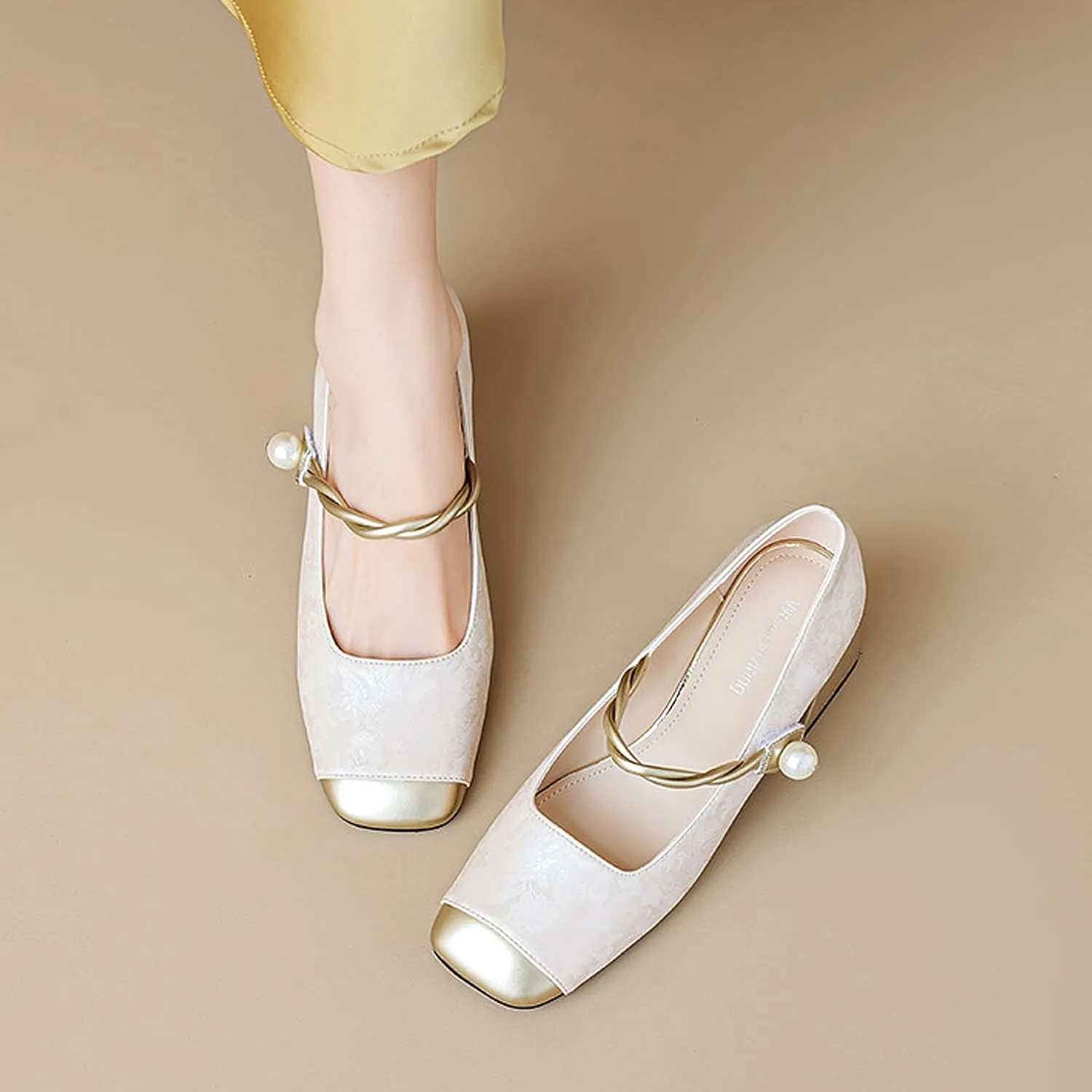 Women Chunky Heel Ankle Strap Dress Shoes for Low Heels Close Square Toe Pumps Single Brocade Fabric Block 6 cm Green Slip-On Office Wedding Party