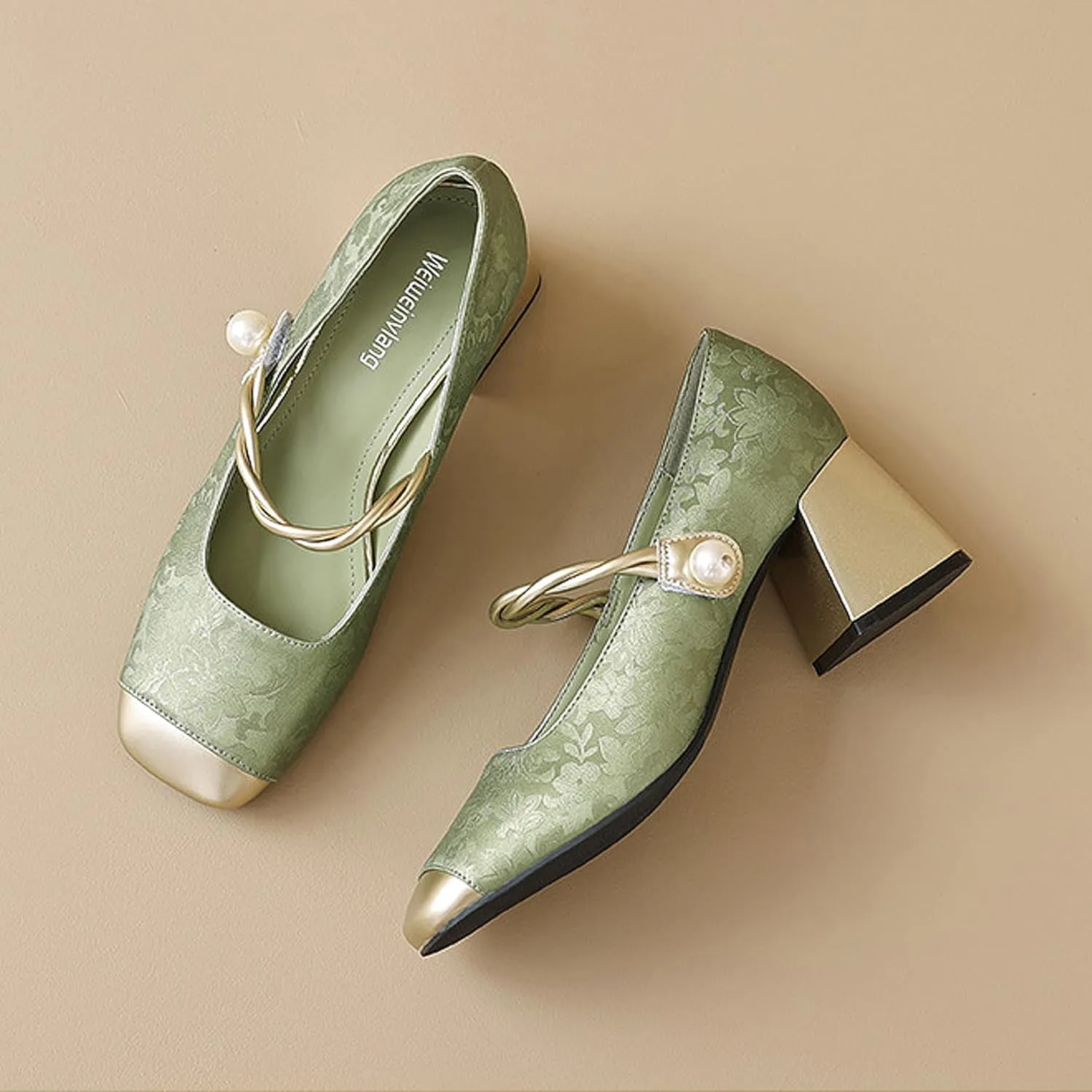 Women Chunky Heel Ankle Strap Dress Shoes for Low Heels Close Square Toe Pumps Single Brocade Fabric Block 6 cm Green Slip-On Office Wedding Party