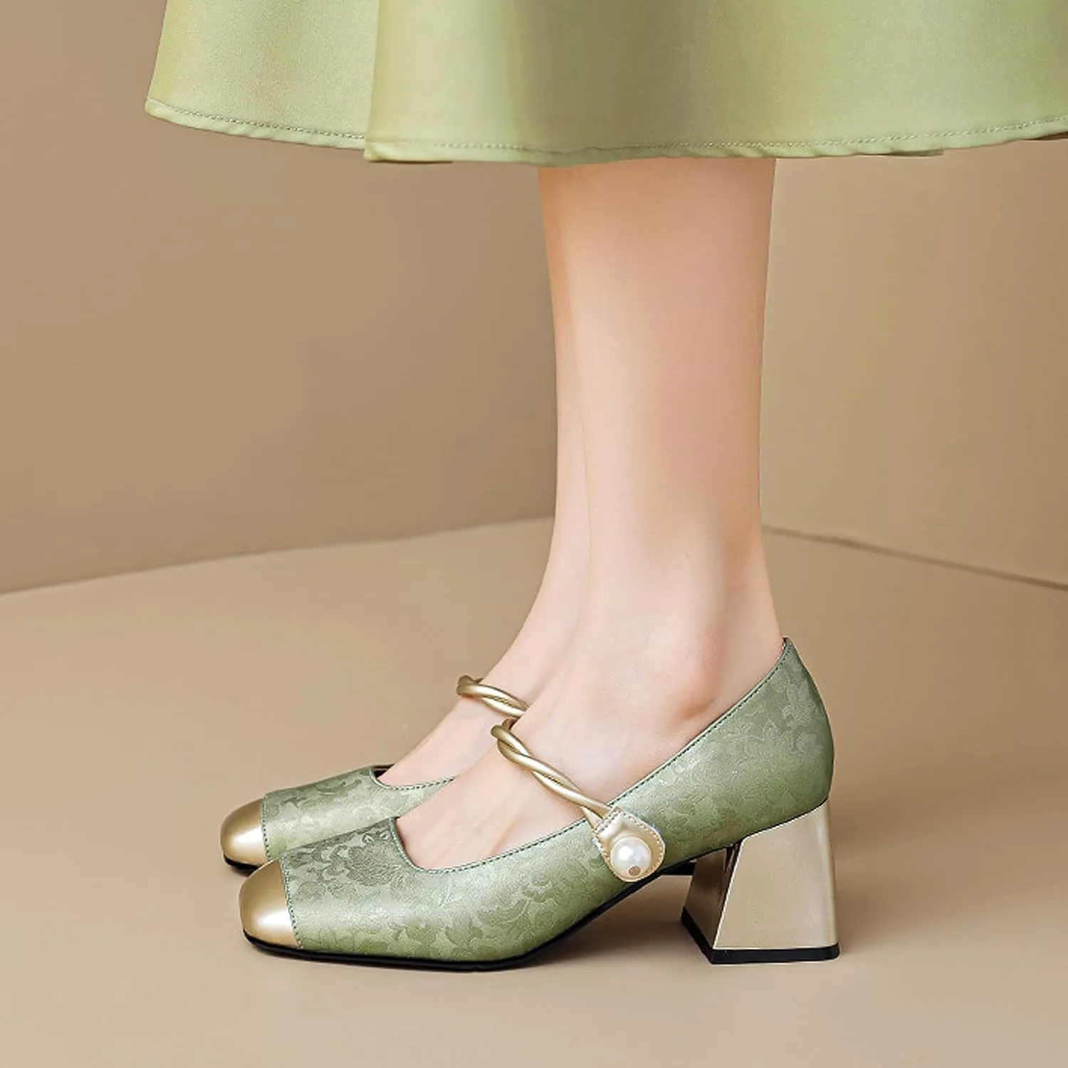 Women Chunky Heel Ankle Strap Dress Shoes for Low Heels Close Square Toe Pumps Single Brocade Fabric Block 6 cm Green Slip-On Office Wedding Party