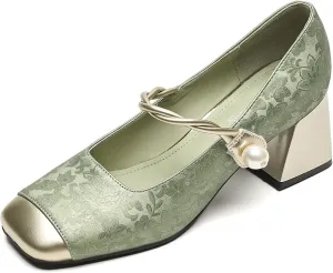 Women Chunky Heel Ankle Strap Dress Shoes for Low Heels Close Square Toe Pumps Single Brocade Fabric Block 6 cm Green Slip-On Office Wedding Party