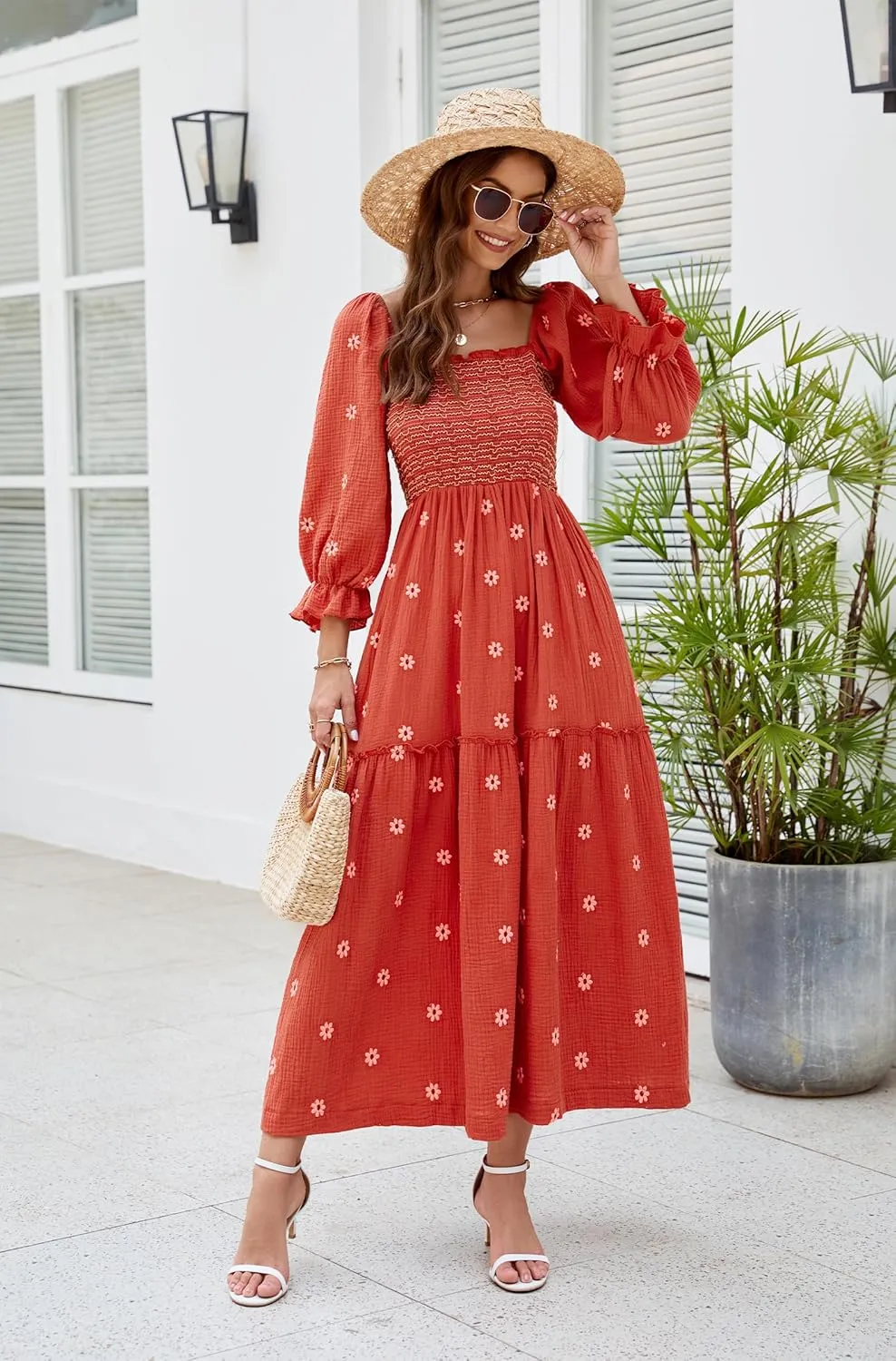 Women Floral Embroidered Maxi Dress Long Puff Sleeve Square Neck Bohemian Flowy Dress with Pockets Summer Fall