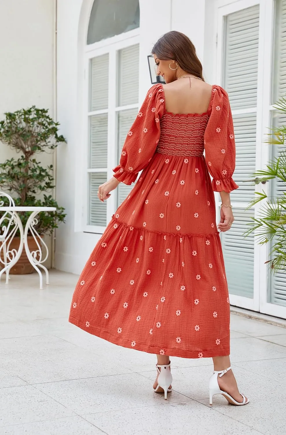Women Floral Embroidered Maxi Dress Long Puff Sleeve Square Neck Bohemian Flowy Dress with Pockets Summer Fall