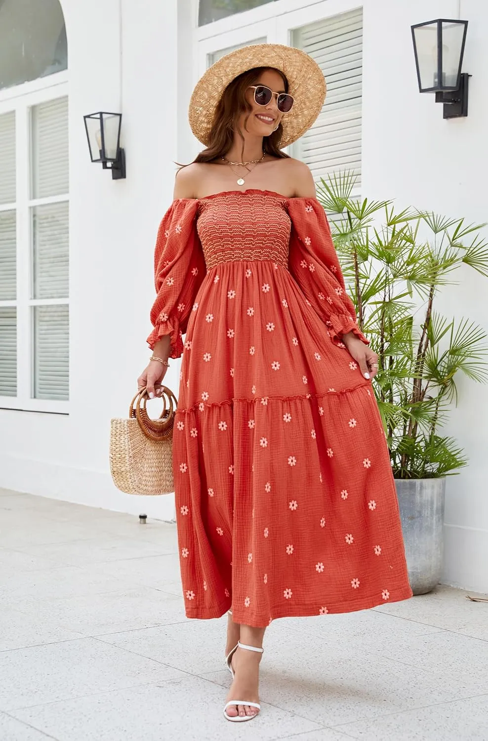 Women Floral Embroidered Maxi Dress Long Puff Sleeve Square Neck Bohemian Flowy Dress with Pockets Summer Fall