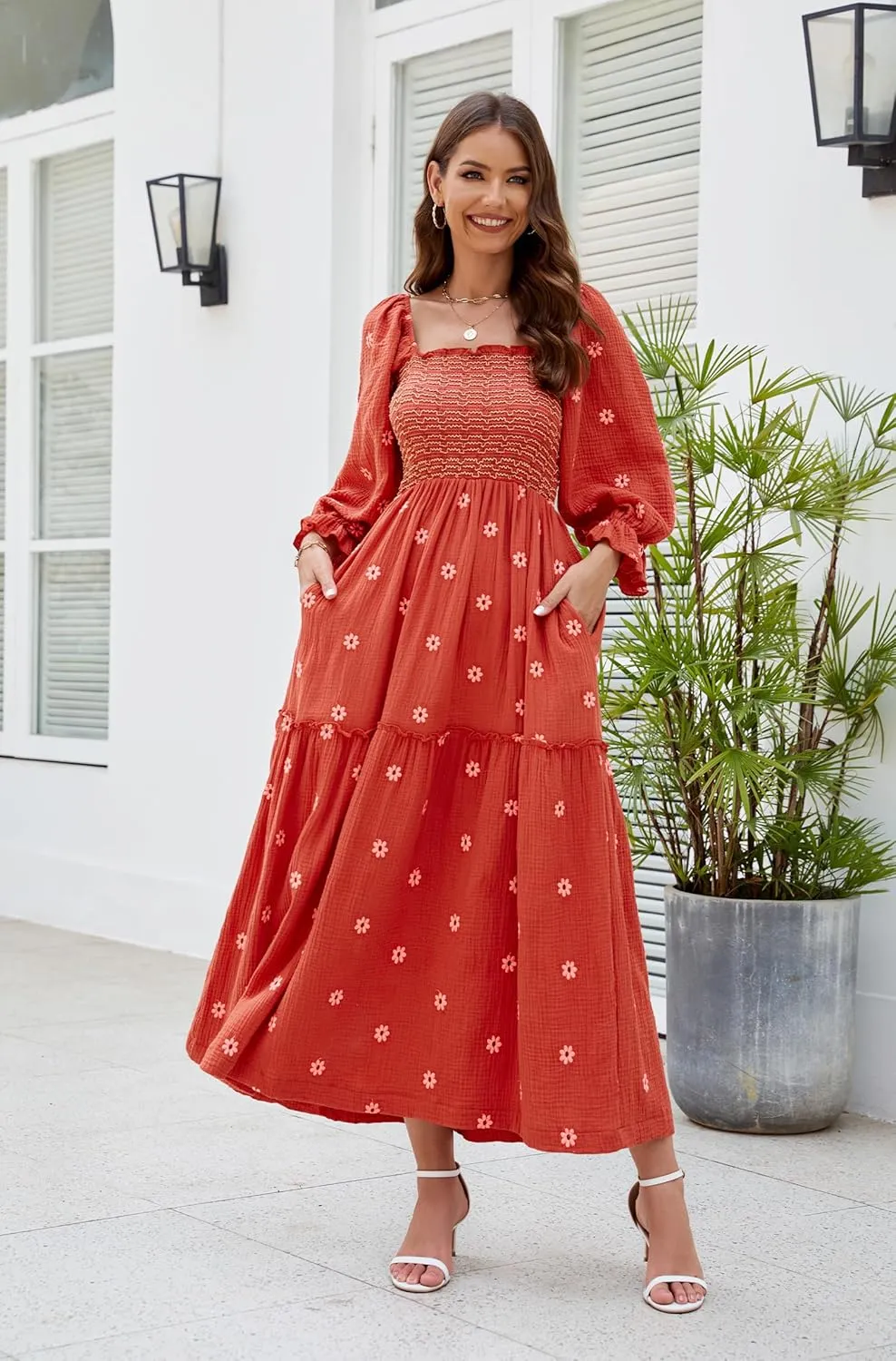 Women Floral Embroidered Maxi Dress Long Puff Sleeve Square Neck Bohemian Flowy Dress with Pockets Summer Fall