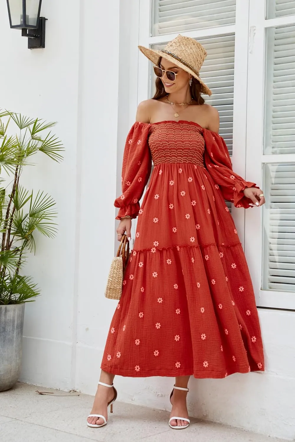 Women Floral Embroidered Maxi Dress Long Puff Sleeve Square Neck Bohemian Flowy Dress with Pockets Summer Fall