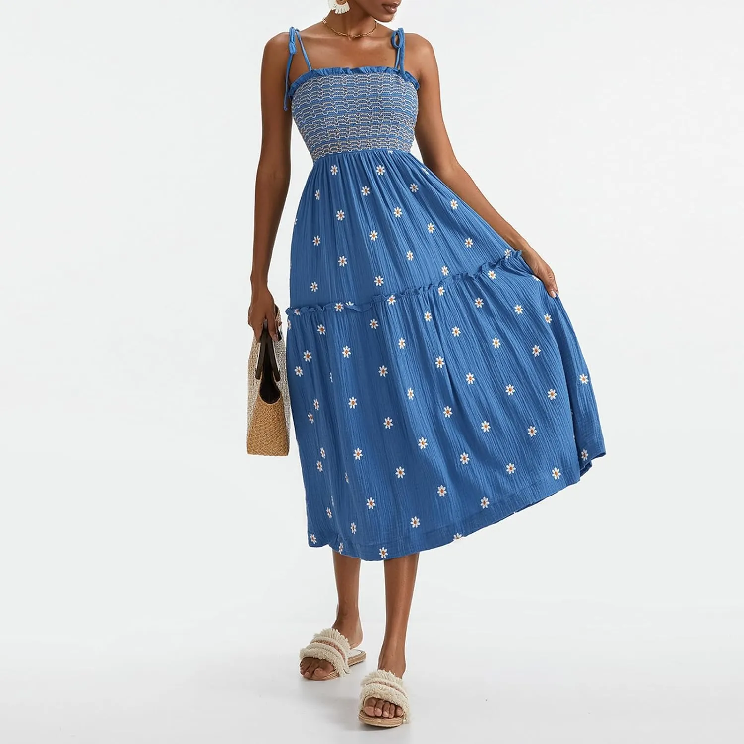 Women Floral Embroidered Maxi Dress Sleeveless Tie Shoulder Smocked Flowy Dress Boho Summer Sundresses with Pockets