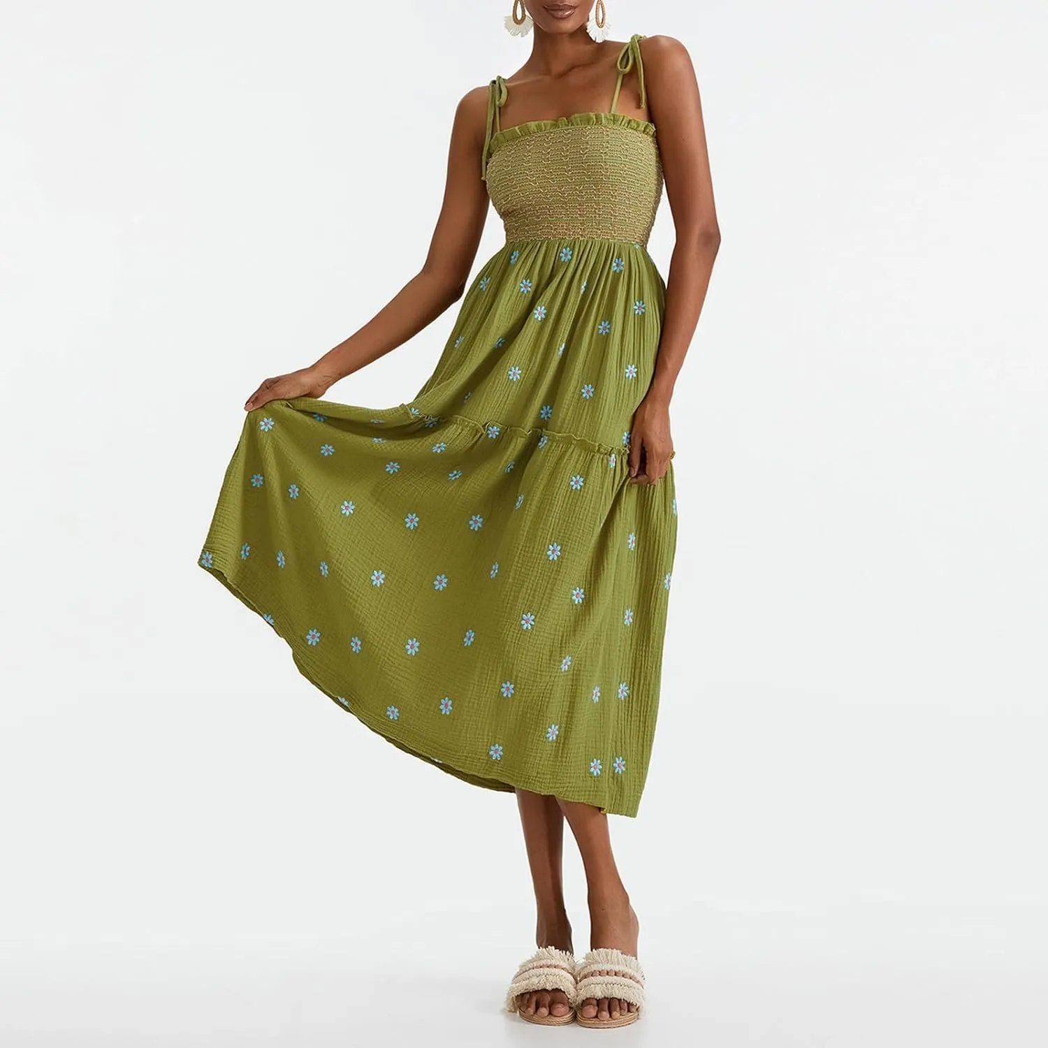 Women Floral Embroidered Maxi Dress Sleeveless Tie Shoulder Smocked Flowy Dress Boho Summer Sundresses with Pockets