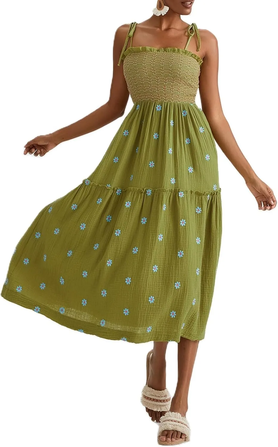 Women Floral Embroidered Maxi Dress Sleeveless Tie Shoulder Smocked Flowy Dress Boho Summer Sundresses with Pockets