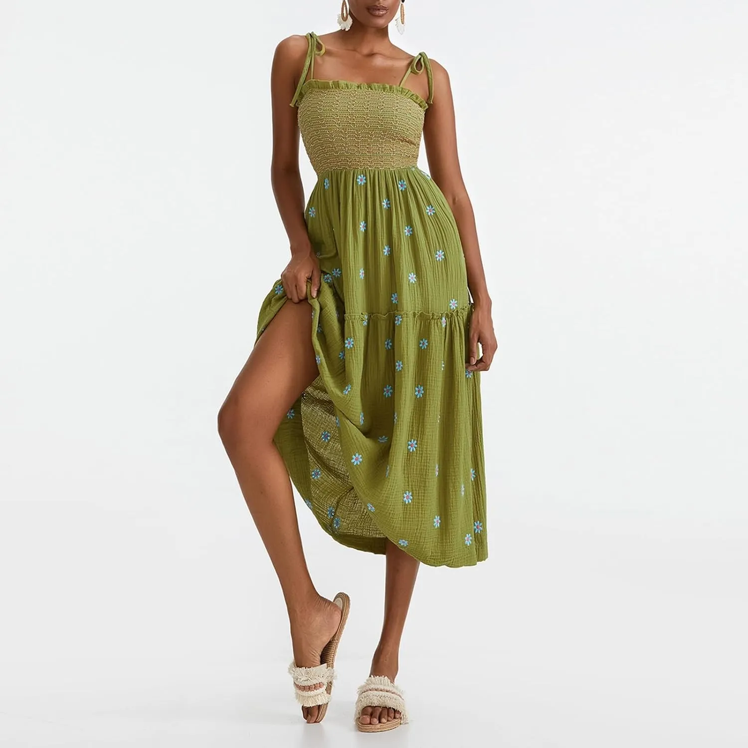 Women Floral Embroidered Maxi Dress Sleeveless Tie Shoulder Smocked Flowy Dress Boho Summer Sundresses with Pockets