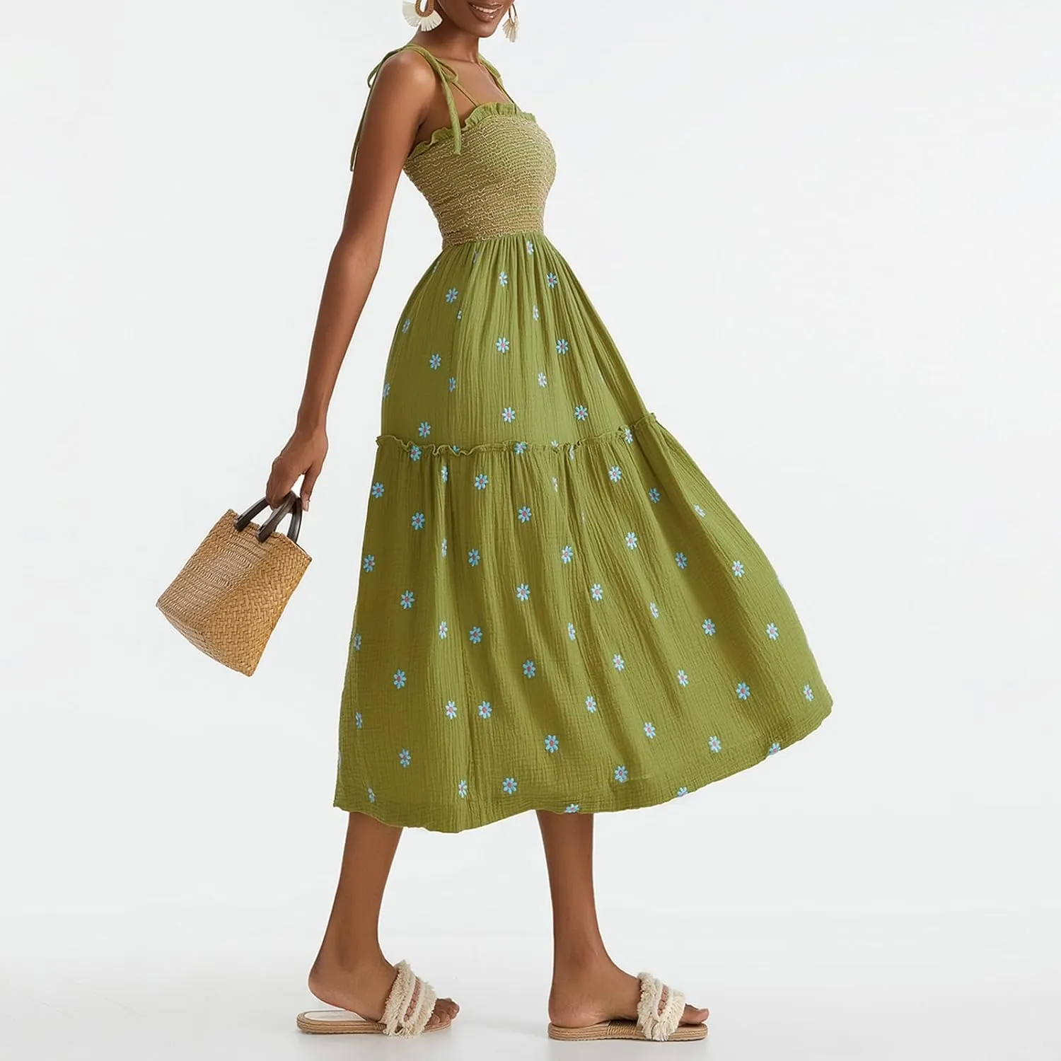 Women Floral Embroidered Maxi Dress Sleeveless Tie Shoulder Smocked Flowy Dress Boho Summer Sundresses with Pockets