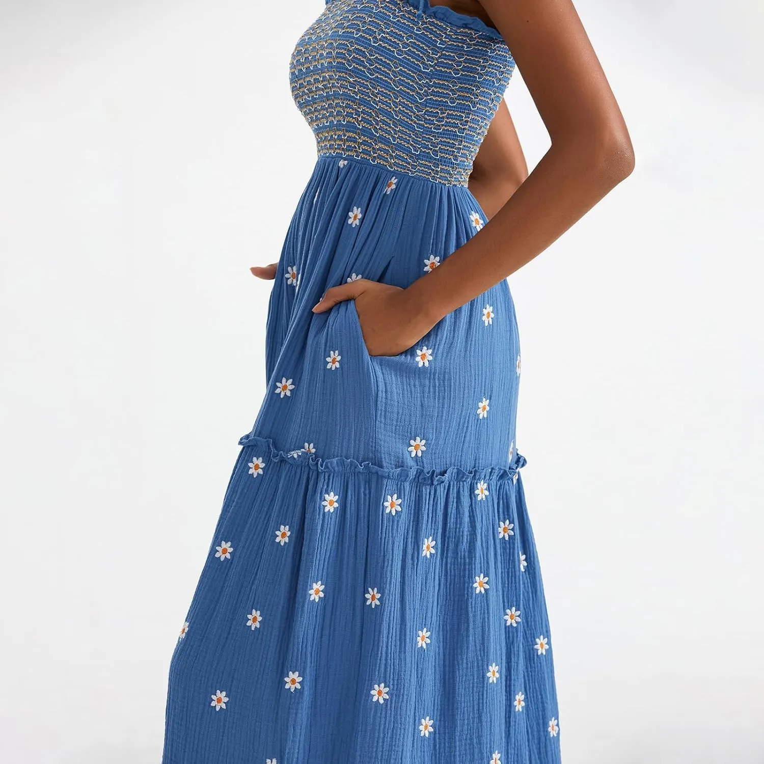 Women Floral Embroidered Maxi Dress Sleeveless Tie Shoulder Smocked Flowy Dress Boho Summer Sundresses with Pockets
