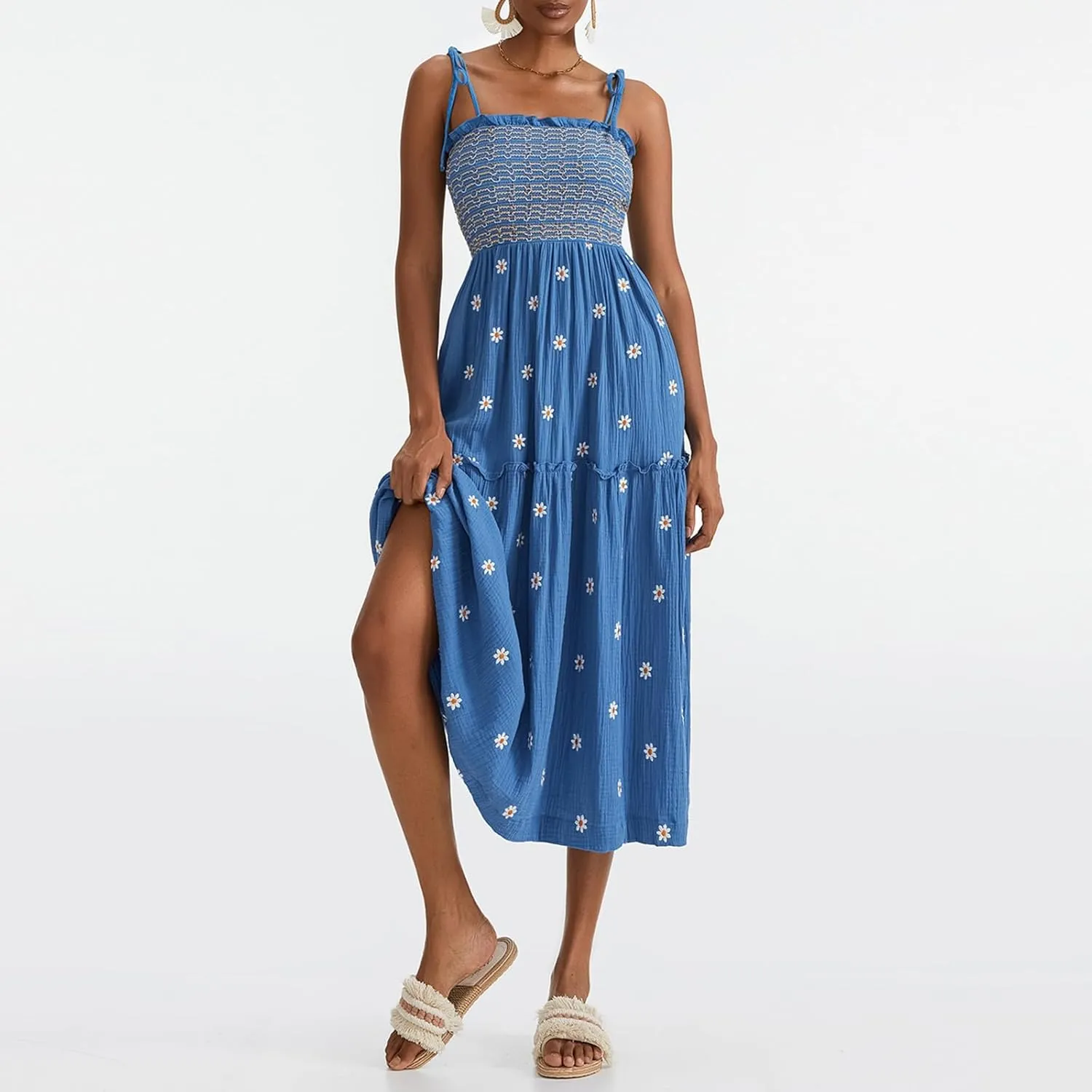 Women Floral Embroidered Maxi Dress Sleeveless Tie Shoulder Smocked Flowy Dress Boho Summer Sundresses with Pockets