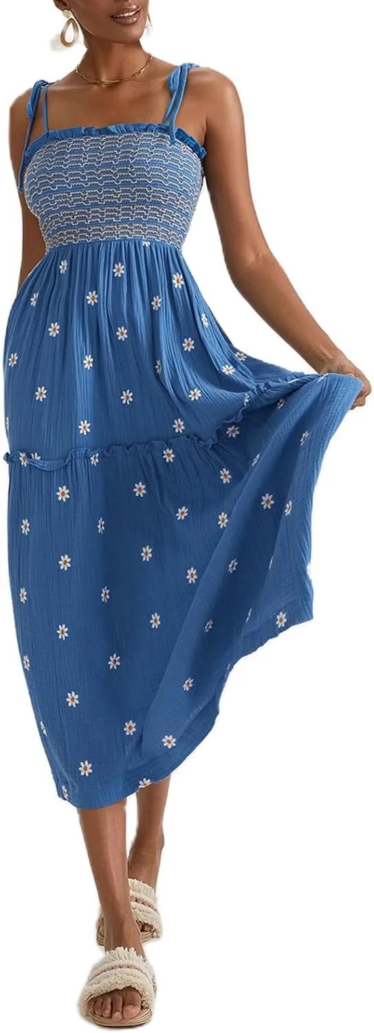 Women Floral Embroidered Maxi Dress Sleeveless Tie Shoulder Smocked Flowy Dress Boho Summer Sundresses with Pockets