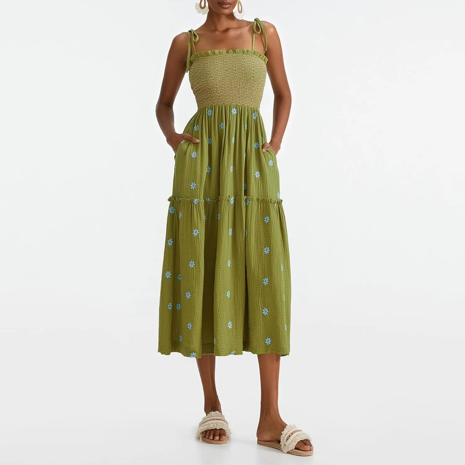 Women Floral Embroidered Maxi Dress Sleeveless Tie Shoulder Smocked Flowy Dress Boho Summer Sundresses with Pockets