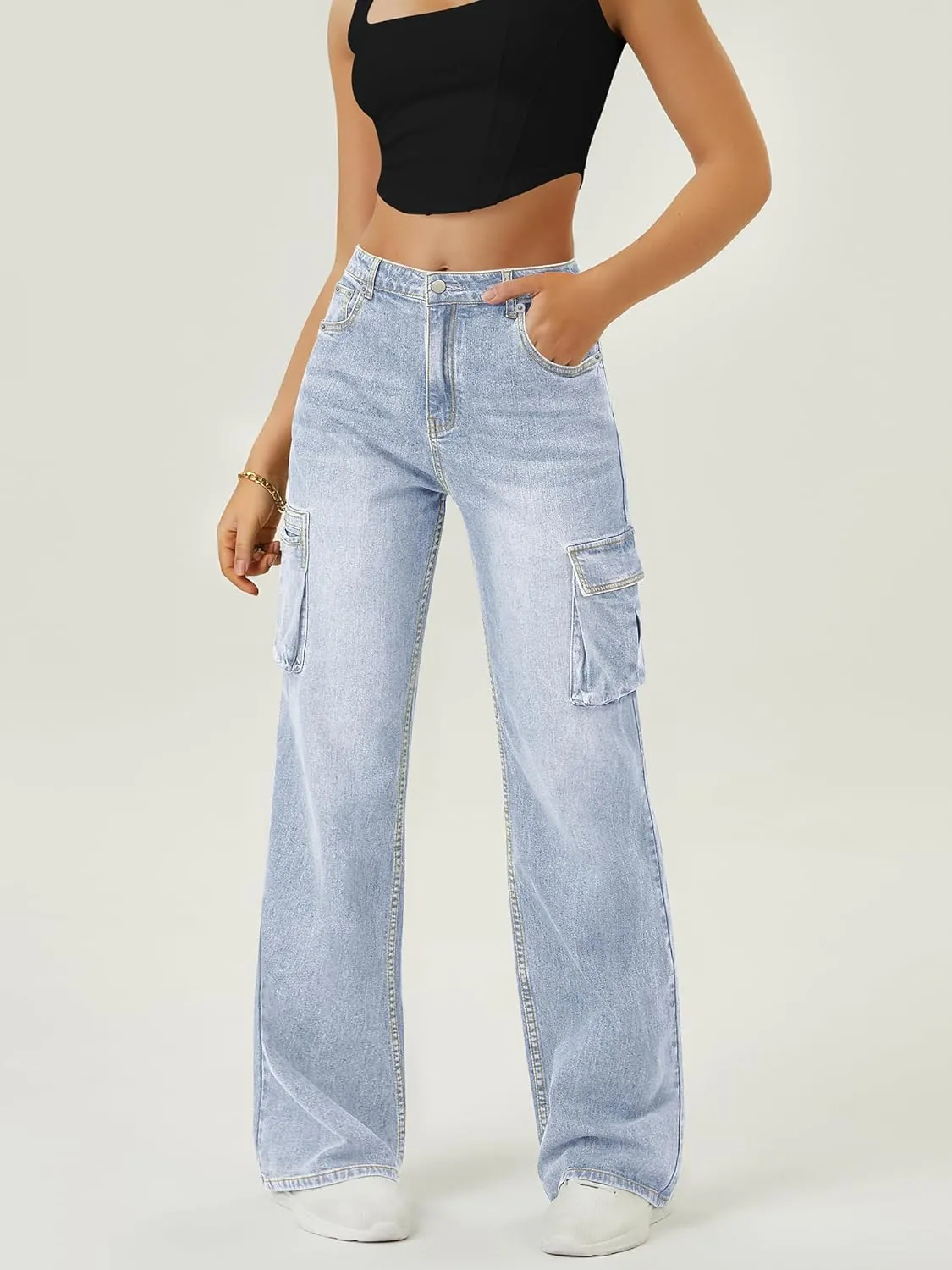 Women High Waisted Cargo Jean for Women with 6 Pockets Straight Wide Leg Jean Casual Baggy Pants