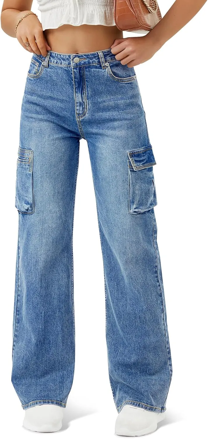 Women High Waisted Cargo Jean for Women with 6 Pockets Straight Wide Leg Jean Casual Baggy Pants