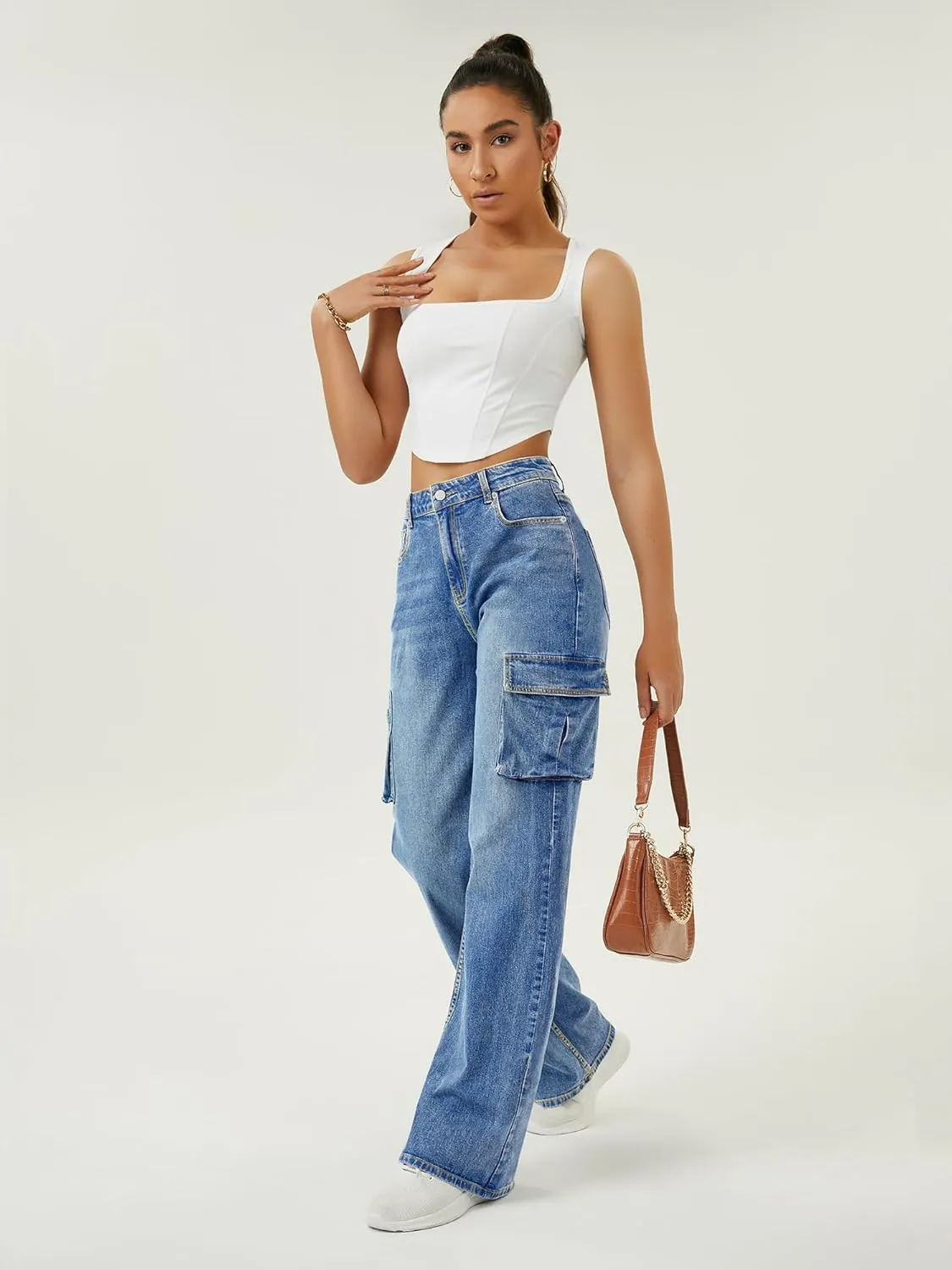 Women High Waisted Cargo Jean for Women with 6 Pockets Straight Wide Leg Jean Casual Baggy Pants