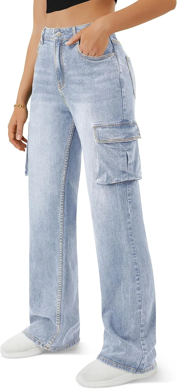 Women High Waisted Cargo Jean for Women with 6 Pockets Straight Wide Leg Jean Casual Baggy Pants
