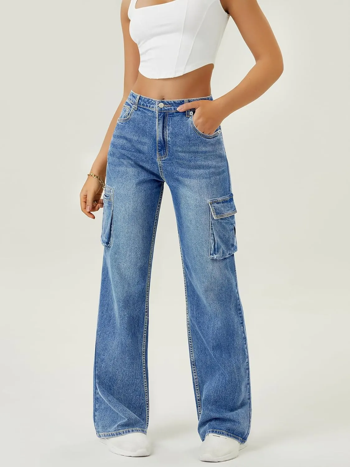 Women High Waisted Cargo Jean for Women with 6 Pockets Straight Wide Leg Jean Casual Baggy Pants