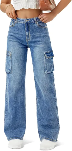 Women High Waisted Cargo Jean for Women with 6 Pockets Straight Wide Leg Jean Casual Baggy Pants